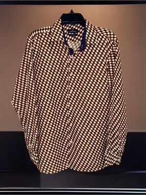 Nwot Azaro Uomo Men's Casual Brown Geometric Print Button-Down Shirt-L-EC